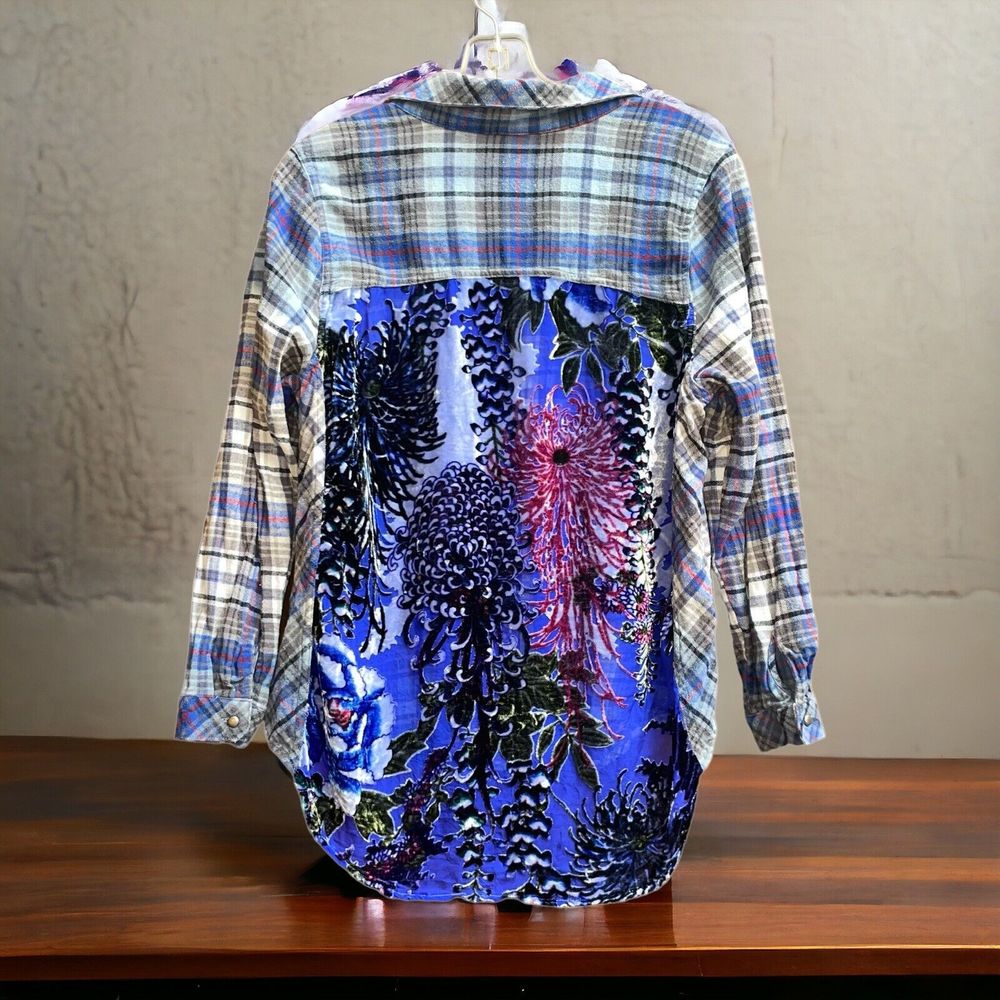 Soft Surroundings PL Kingsley Burnout Velvet Plaid Flannel Button Down Shirt